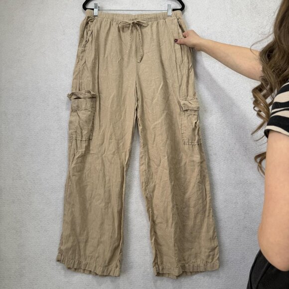 Caslon Pants Womens Medium Beige Linen Cargo Drawstring Wide Leg Pockets Relaxed - Picture 3 of 10